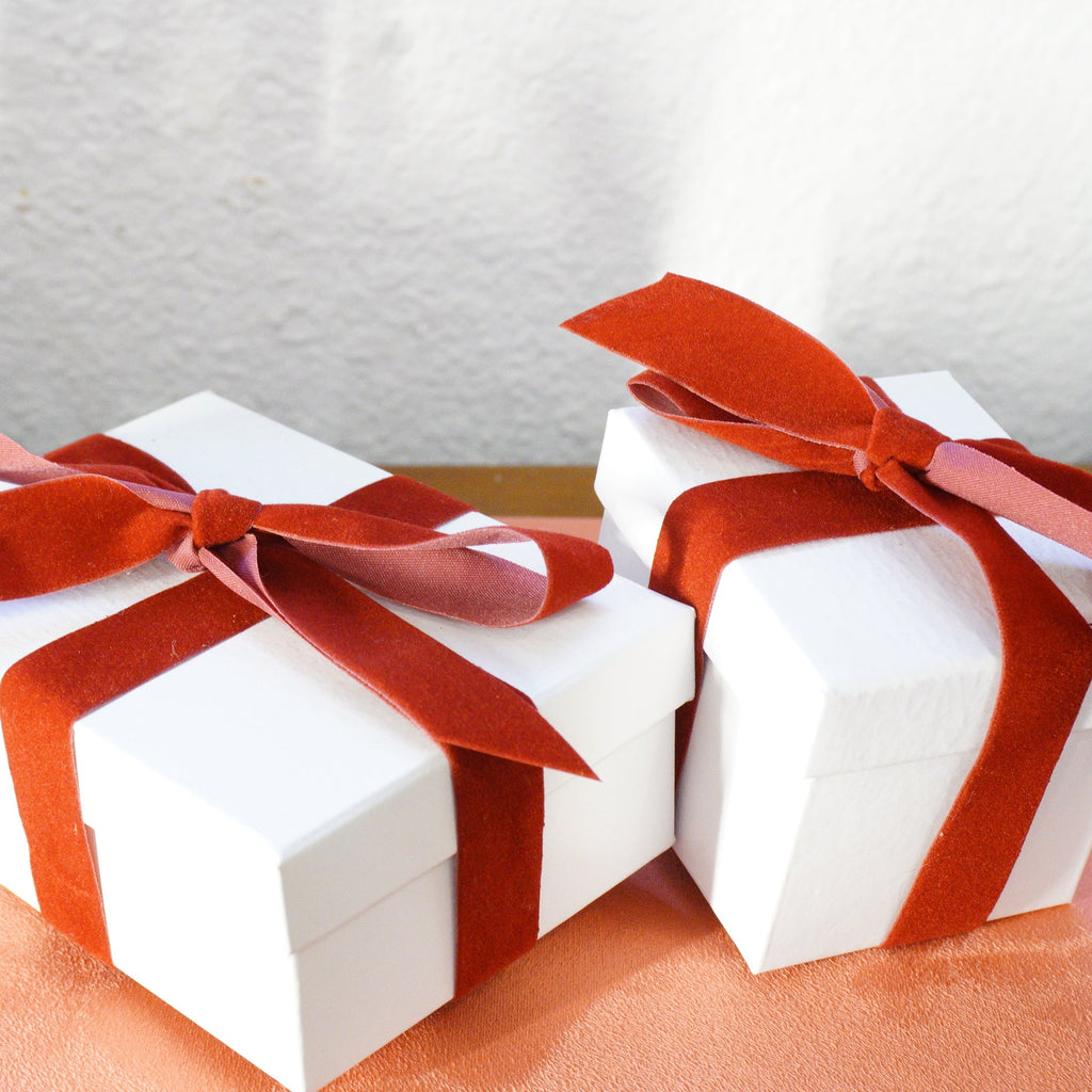 Two white gift boxes with red ribbons on a light background